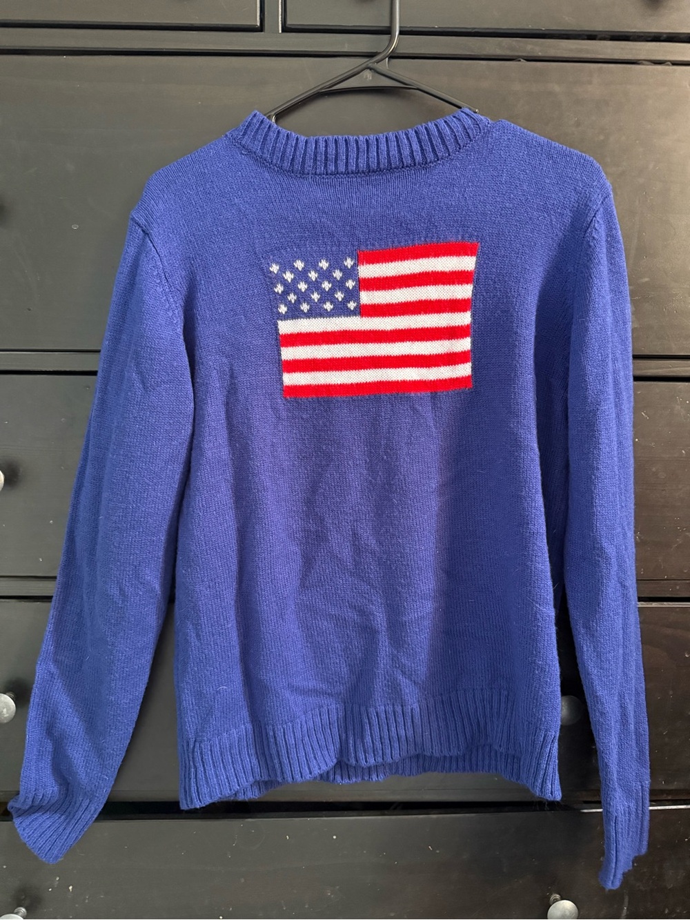 Blue Women’s Crewneck Sweater with American Flag Motif